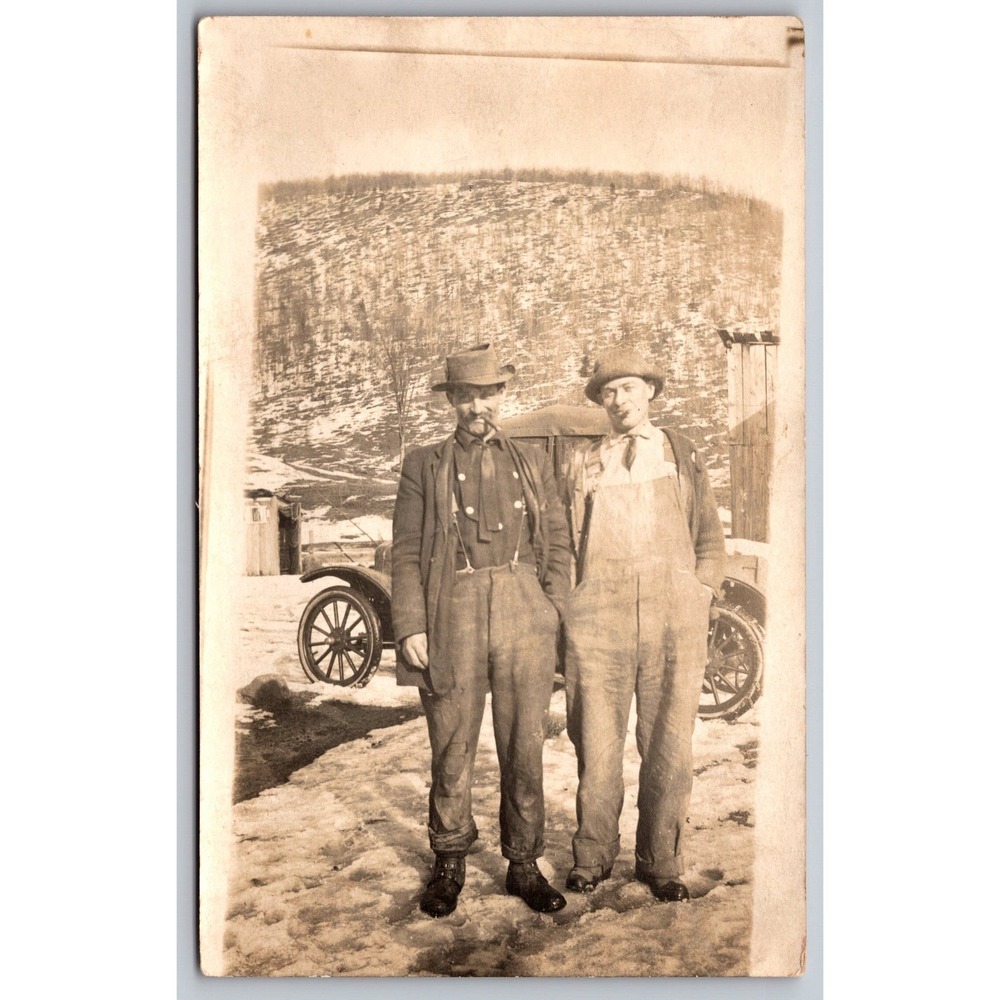 Antique RPPC Real Photo Postcard Men with Early Automobile Car Snow Velox 1910s‎